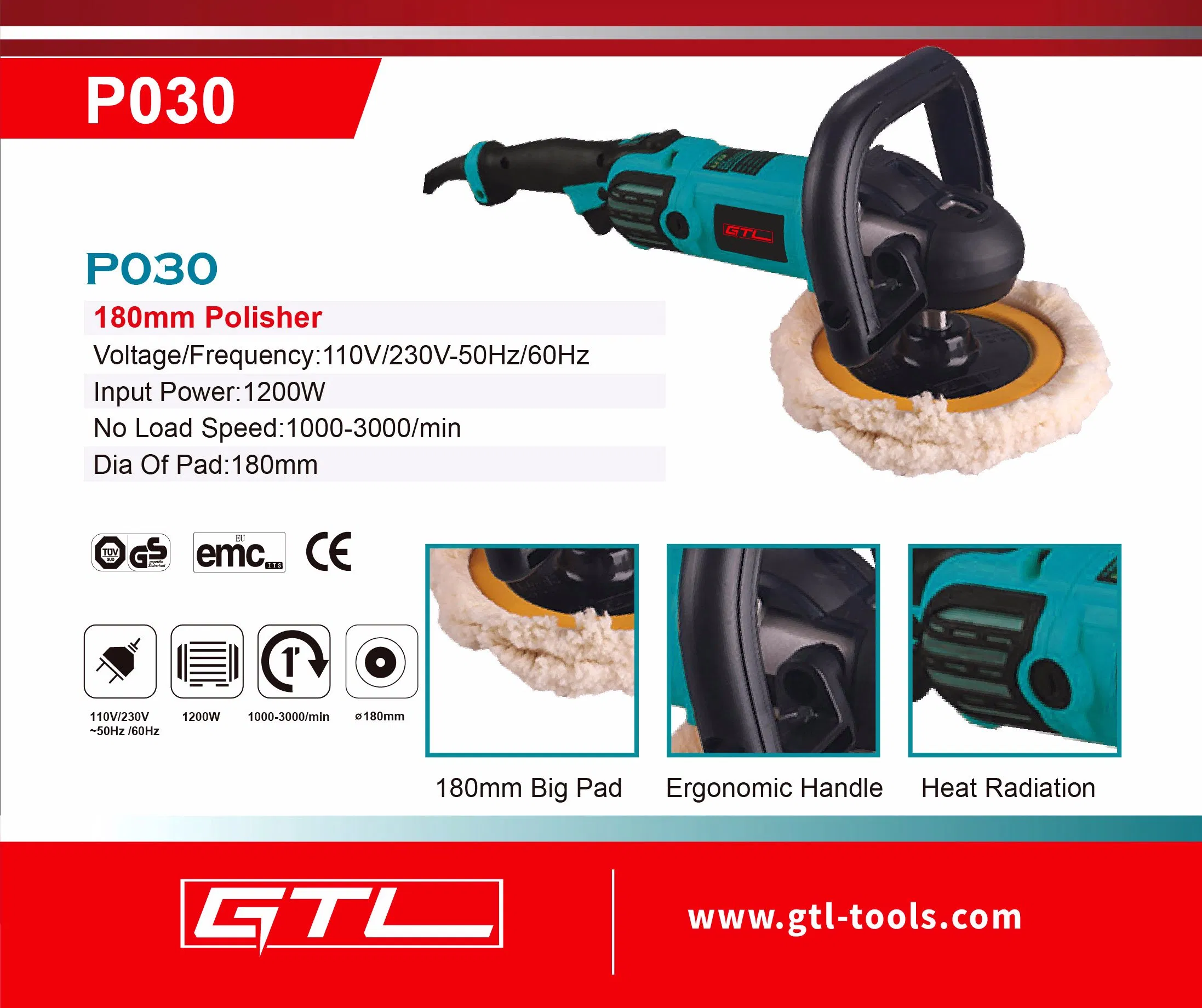 1200W 180mm Car Polisher Electric Hand Metal Polisher (P030)