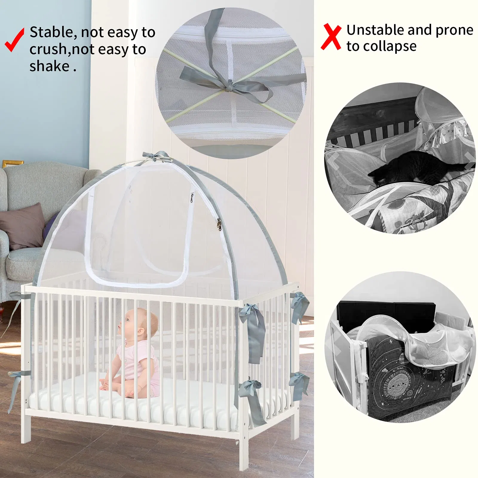 Baby Crib Tent Safety Net Durable Strong Net Self Locking Zippers Mosquito Net