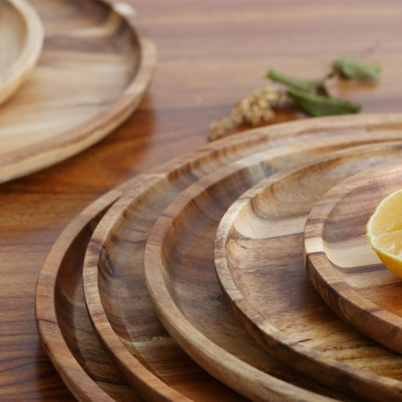 Natural Acacia Wood Dinner Plates Round Serving Tray for Dessert Salad Charcuterie