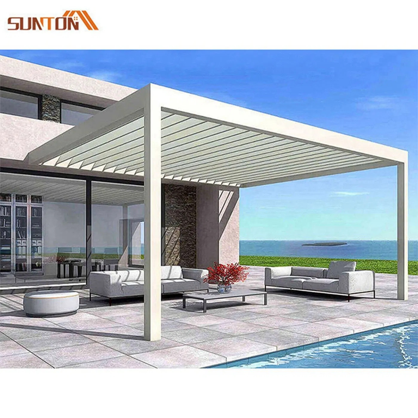 Luxury Modern Design Powder Coated Outdoor Pergola Aluminium Waterproof Louver Roof Glass Sunroom Metal Garden Pergola