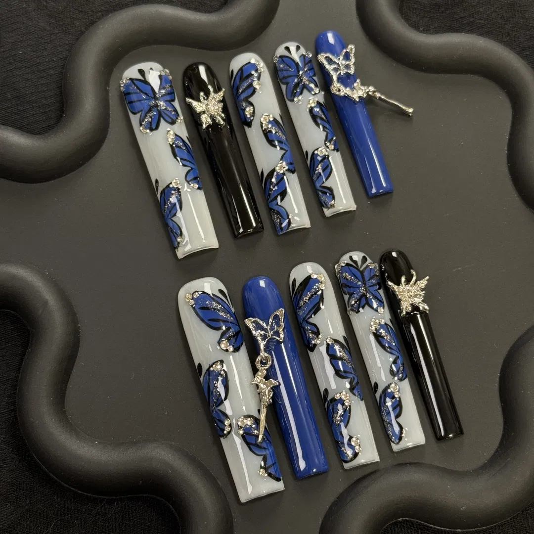 Blue Butterfly Fake Nail Long Coffin False Nail French Tip Press on Nails Acrylic Nails Press on Nails