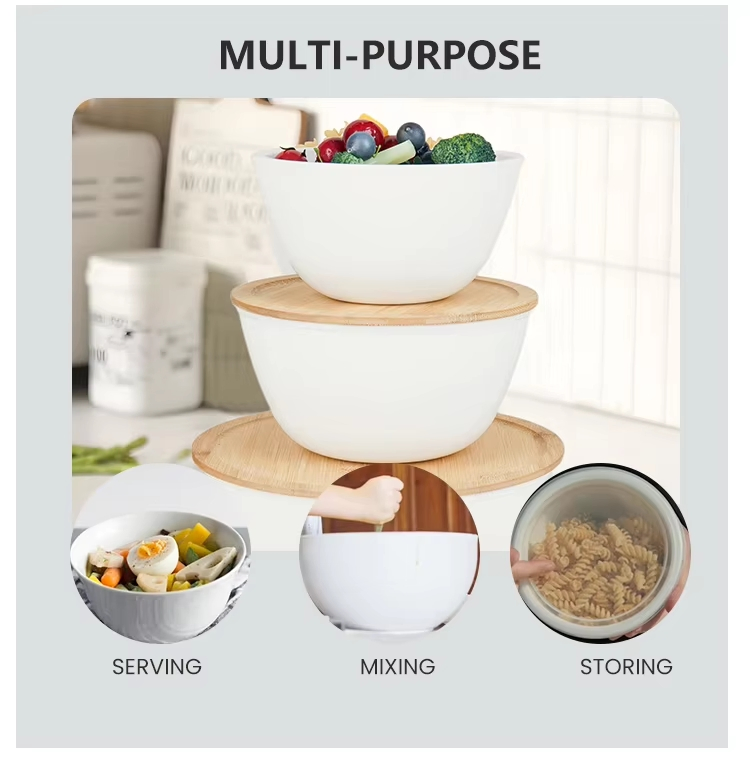 Round Tempered Opal Glassware Mixing Bowl with Eco-Friendly Bamboo Lid