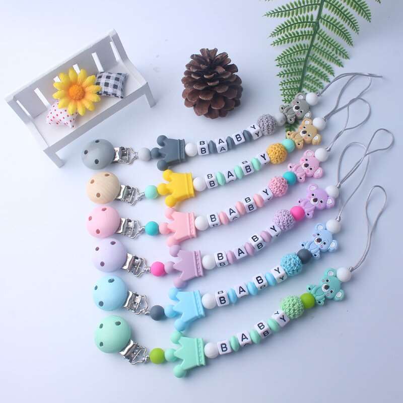 Hot Sale Cute Printed Ribbon Baby Wooden Pacifier Clip Soother Holder