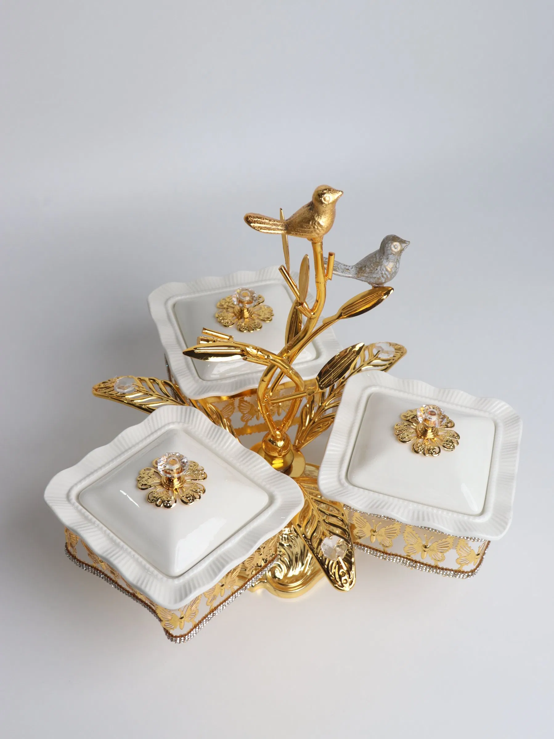 Home Ornament Gold-Plated Iron Frame with 3 Square Ceramic Bowl