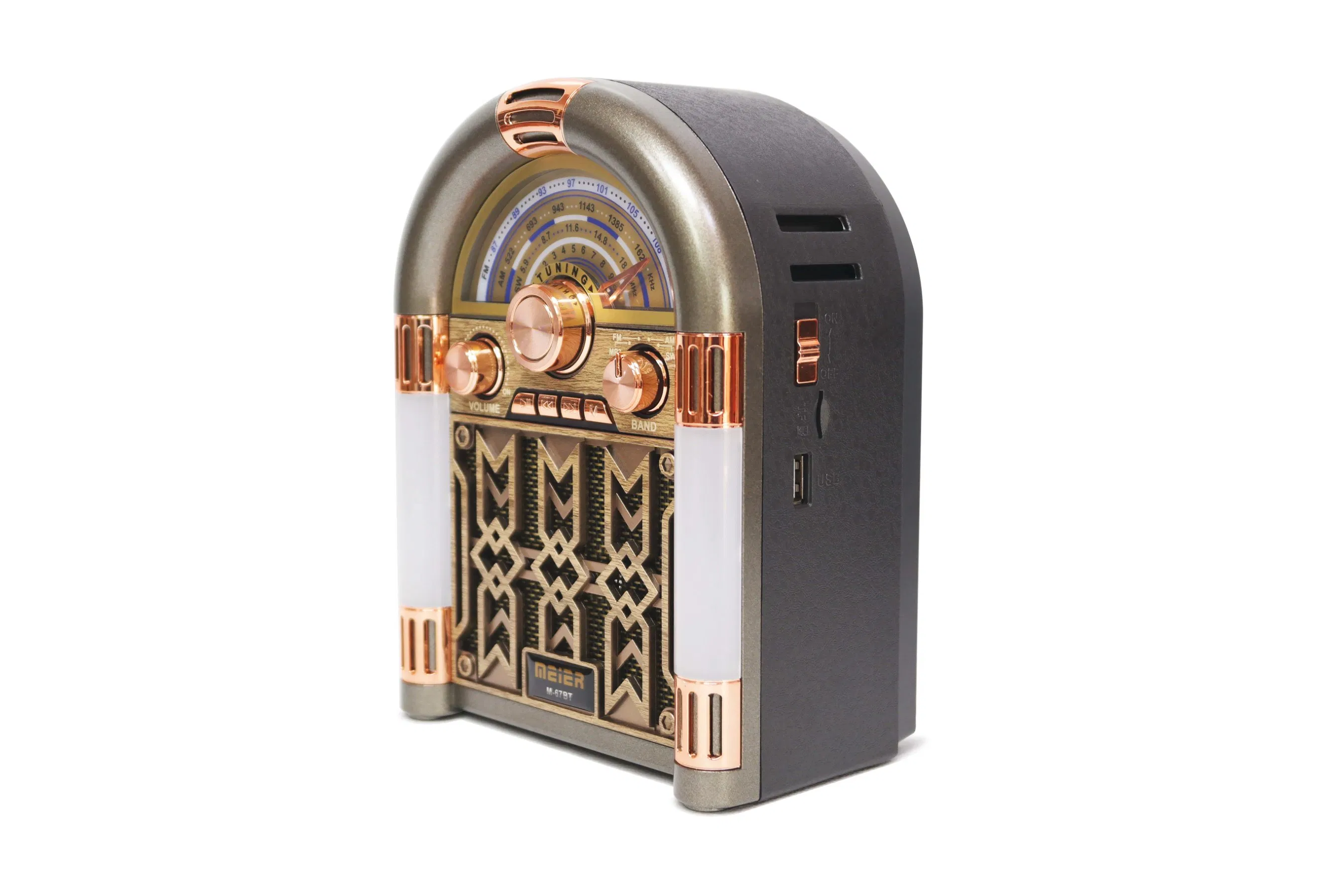 Old Radioportable 3-Band Am FM Sw Radio, TF Card and MP3 Player, Rechargeable Speaker, Bluetooth Retro Design The Stage Lights Meier Meier M-67bt