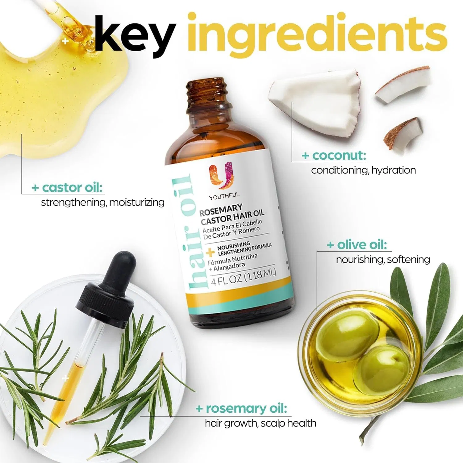 Organic Rosemary & Castor Hair Growth Oil for Dry Itchy Scalp Thickening & Hydration