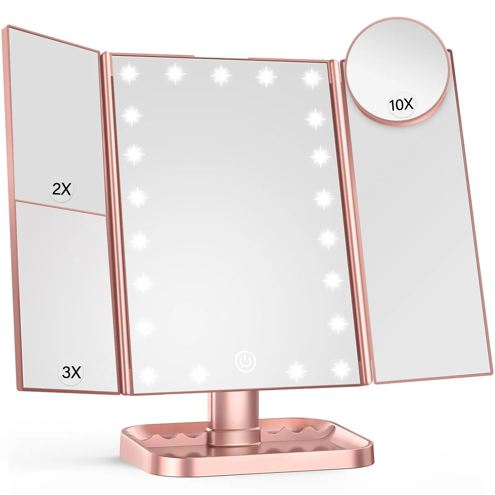 Modern 3-Sided Vanity Mirror with Lights - 2X/3X/10X Magnification, Touch Control, White (9.4X13.4 Inch) for Dressing Table & Bathroom
