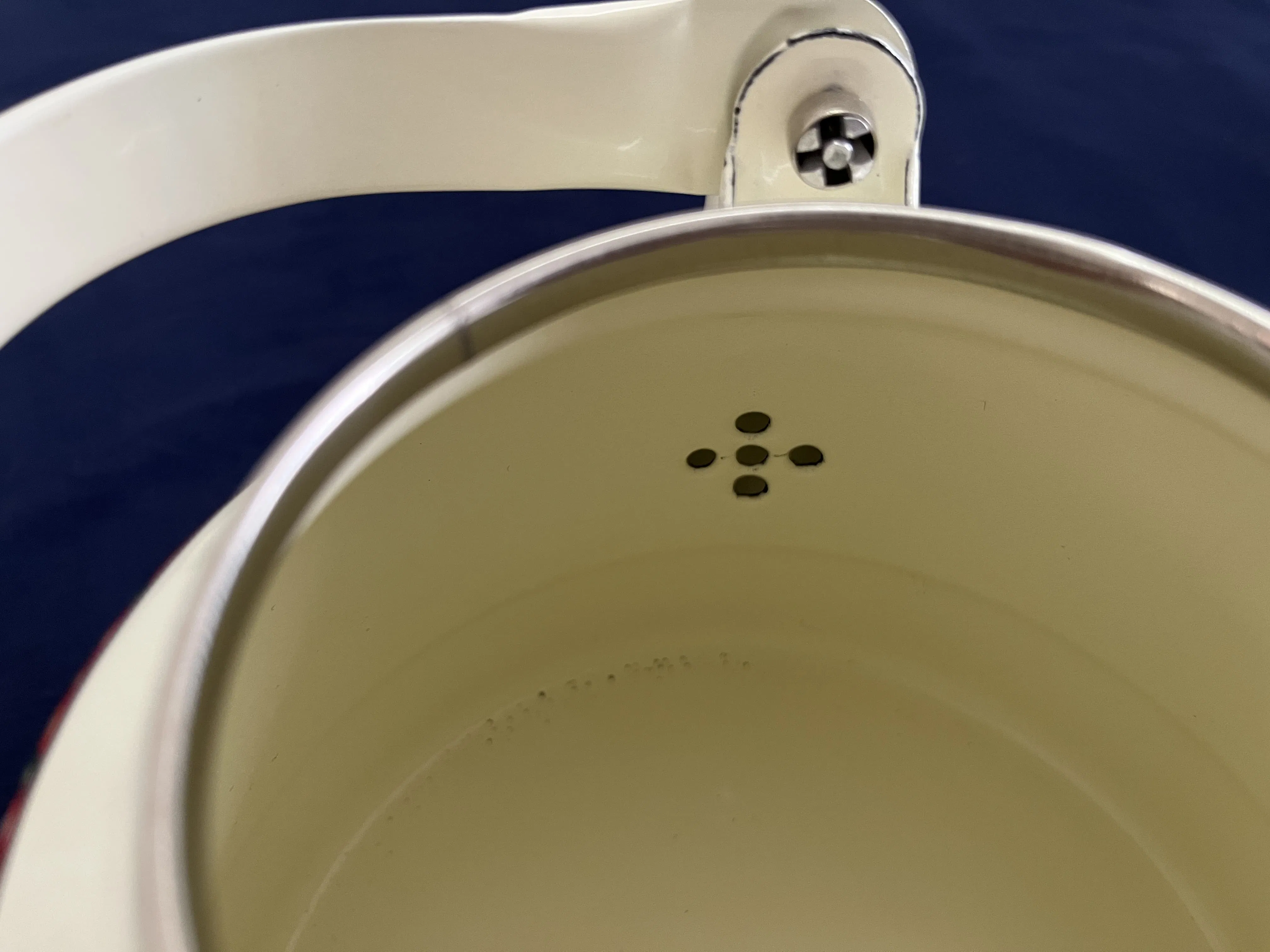 Cream White Enamel Teapot with Symmetrical Pattern and Red Lid