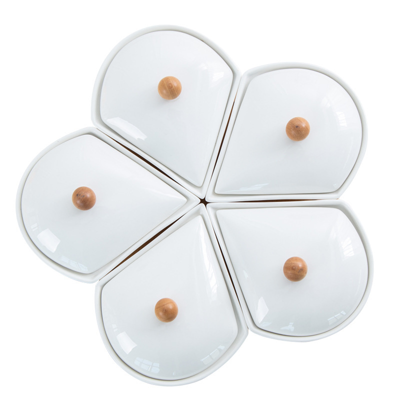 5in1 Divided Snack Veggie Fruit Nut Plate Flower Ceramic Tray