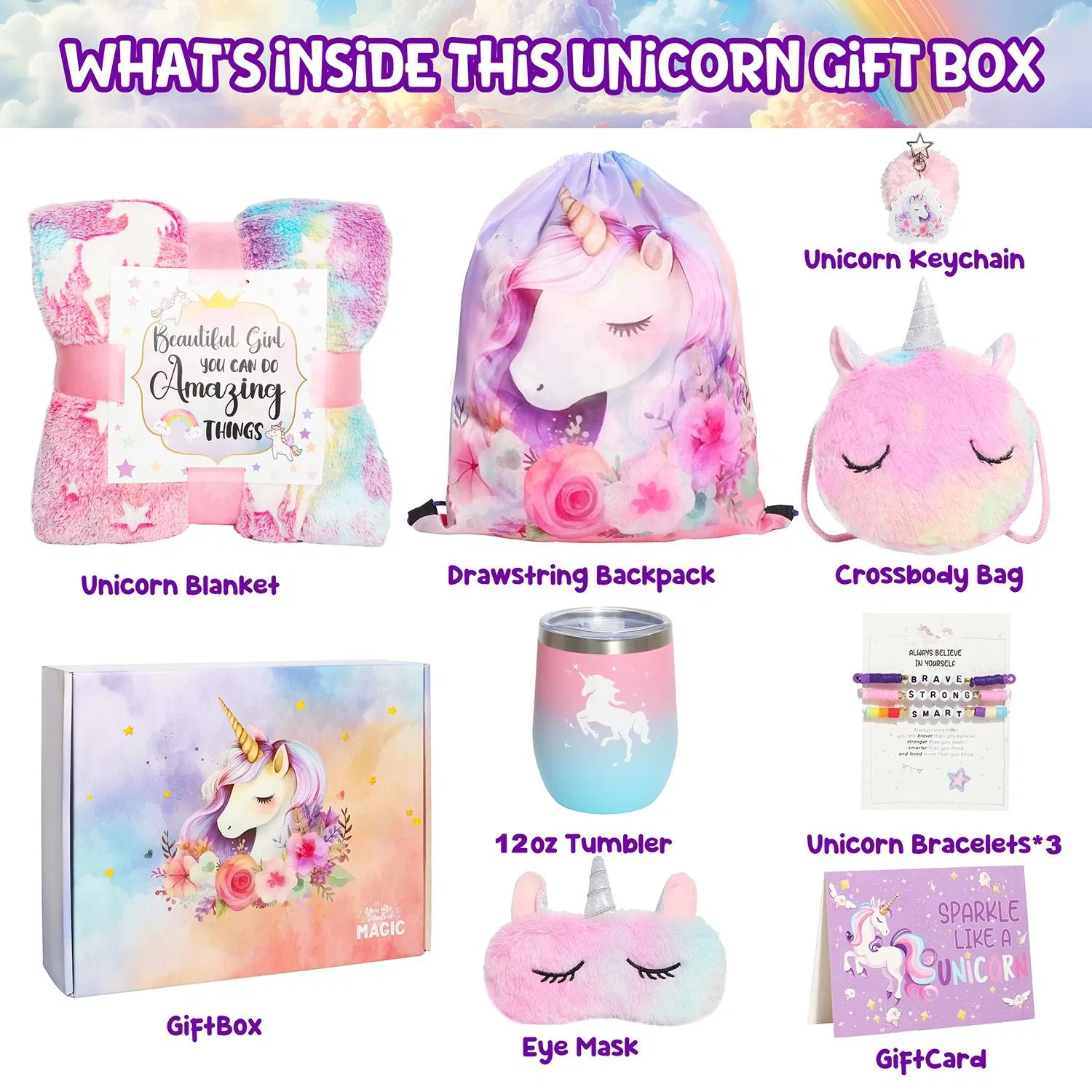 Unicorn Gifts Set for Girls Birthday Gift Box with Blanket Tumbler Bag