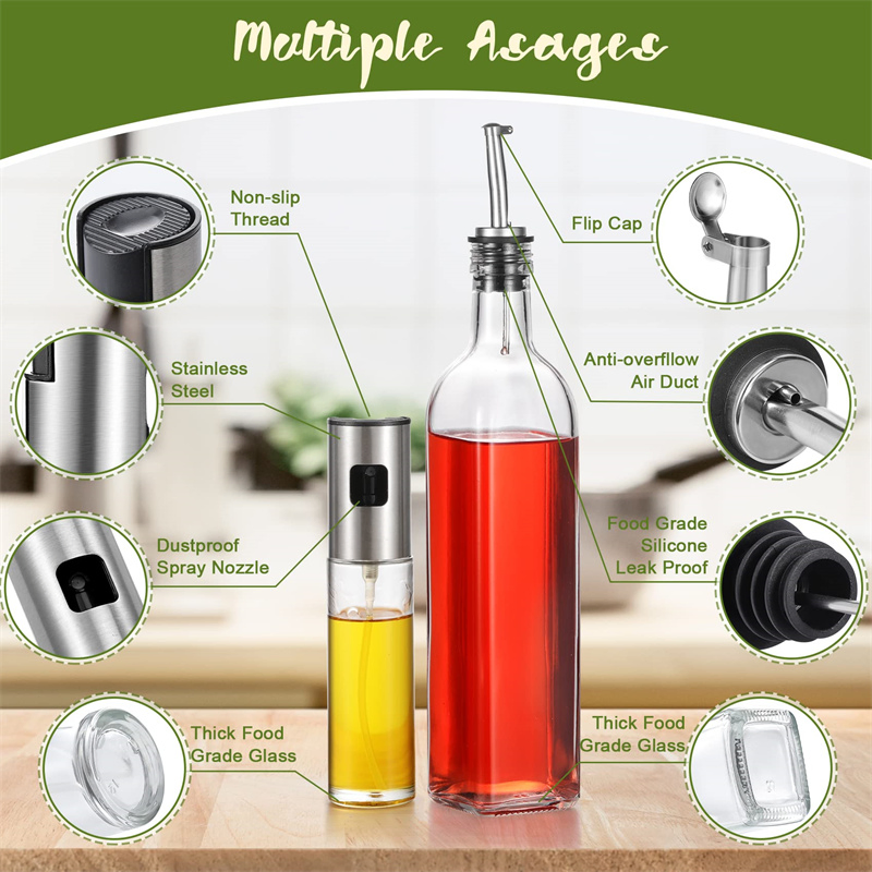 Glass Container with Stainless Steel Spout Olive Oil Dispenser and Oil Sprayer for Cooking Vinegar Cruet Bottle Set