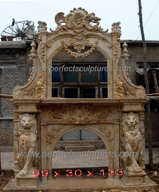 Stone Marble Double Over Mantel Fireplace with Lion Statue (QY-LS332)