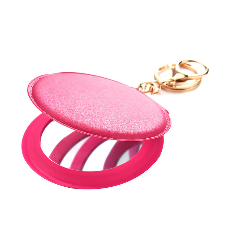 Wholesale Candy-Colored Makeup Mirror Leather Small Round Mirror Portable Folding Makeup Mirror Keychain