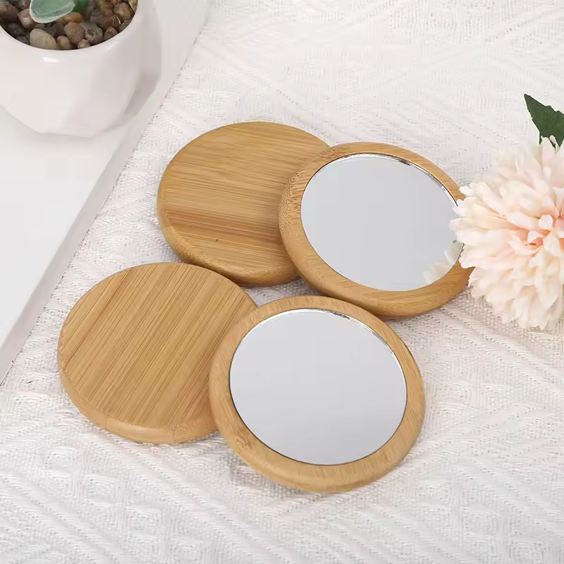 Custom Eco Friendly Small Round Square Bamboo Wood Pocket Mirror Travel Portable Wooden Makeup Mirror