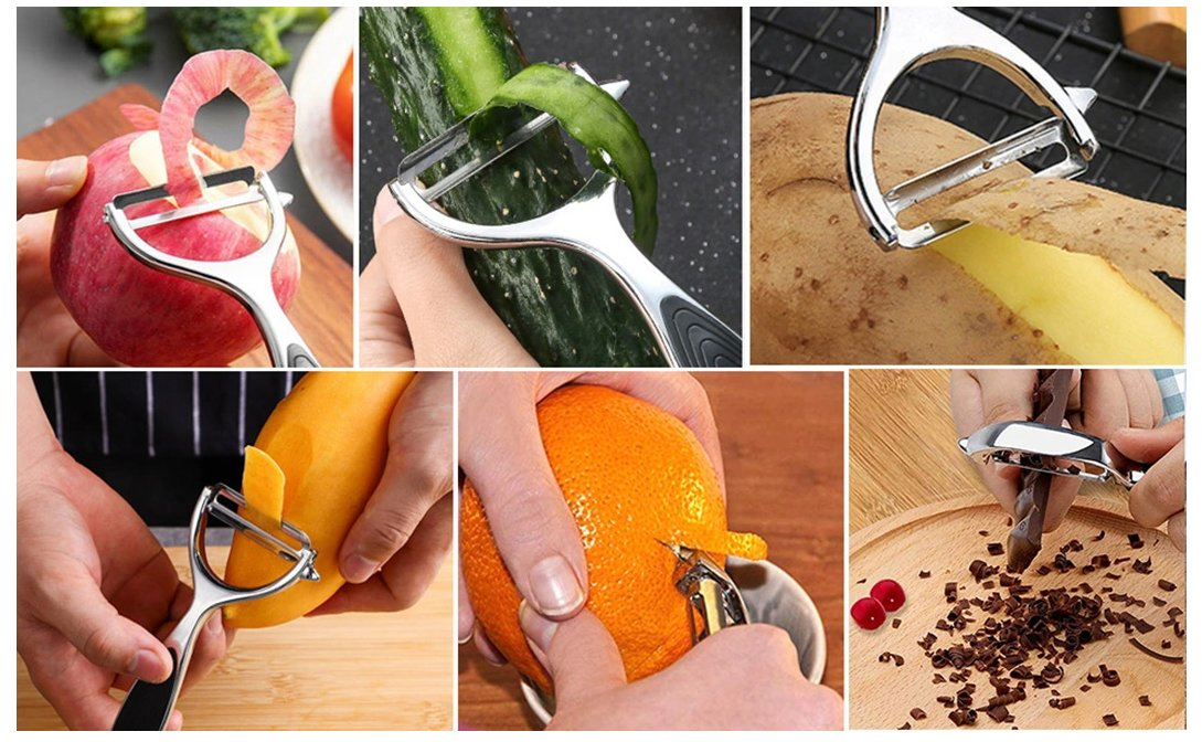 (Free Sample) Stainless Steel Multifunction Set for Kitchen and Household Tools Y&I Shape Swivel Blades with 2 Orange Citrus Peelers Vegetabl & Fruit Peelers