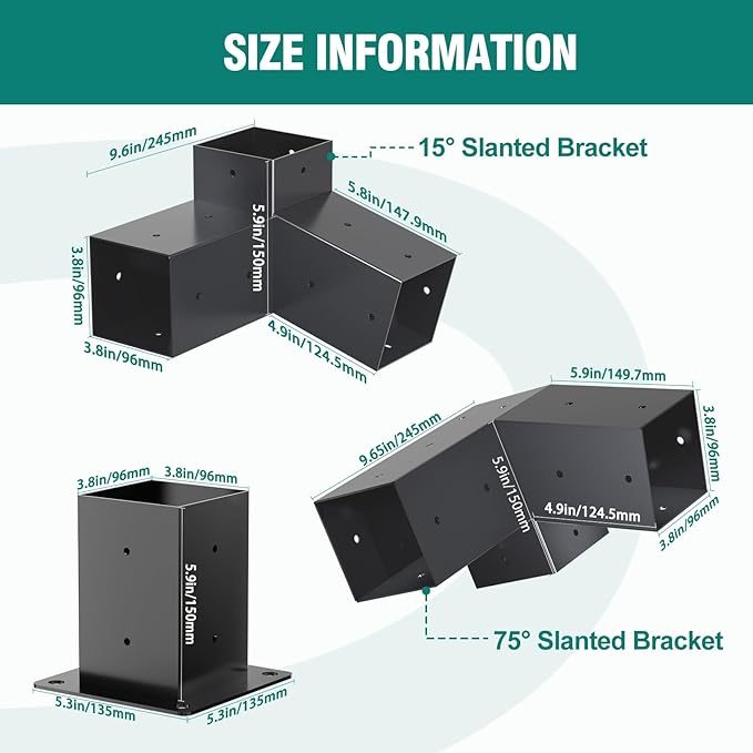 15° Pergola Brackets 75° Corner Bracket with Post Base