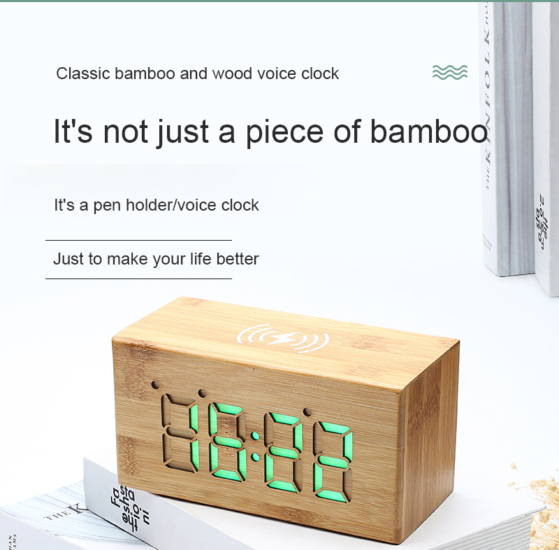 Bamboo Digital Desktop Alarm LED Wooden Table Clock with Wireless Charger