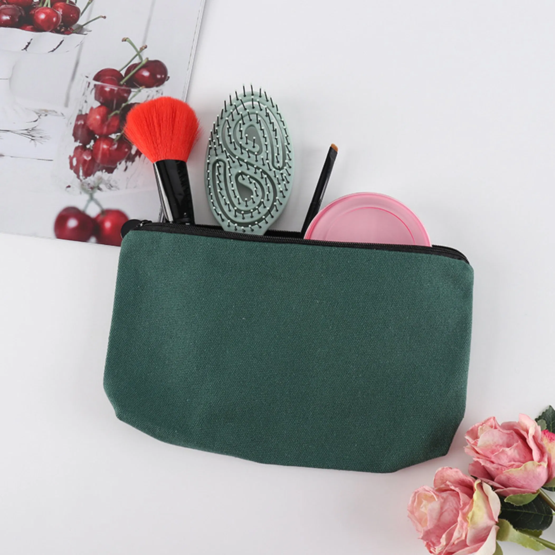 Custom Logo Printed Large Space Canvas Zipper Eye-Shadow Cosmetic Brush Storage Bag Cotton Makeup Pouch