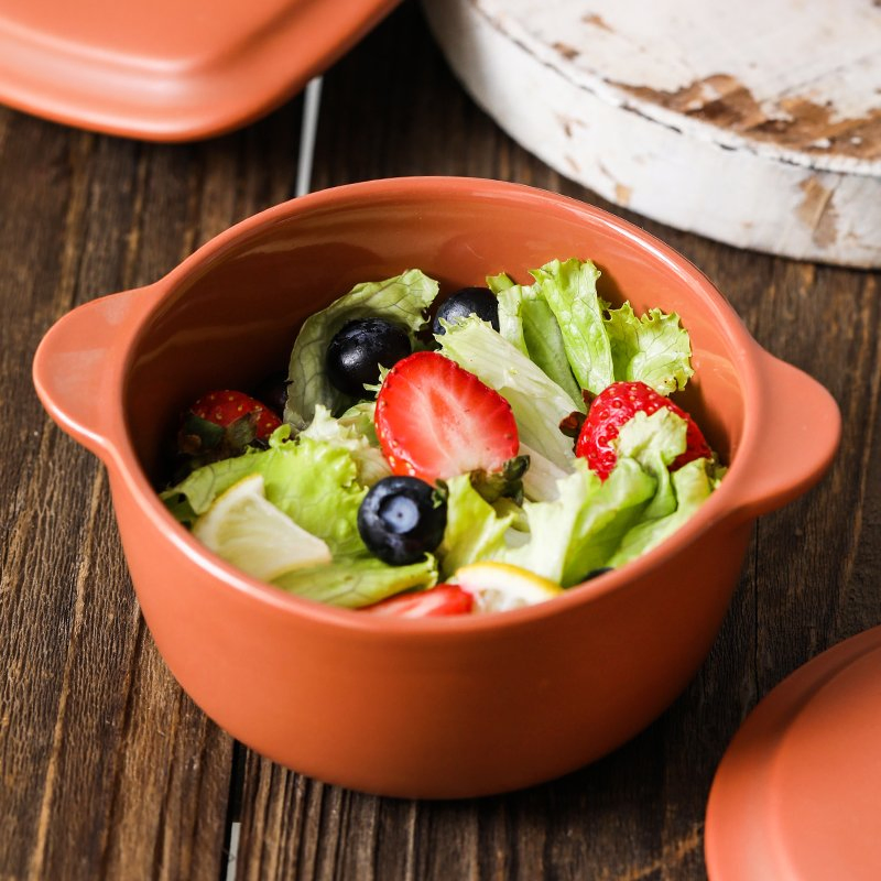 Household Children Bowl Ceramic Anti-Scald Double Ear Microwave Soup Bowl with Lid