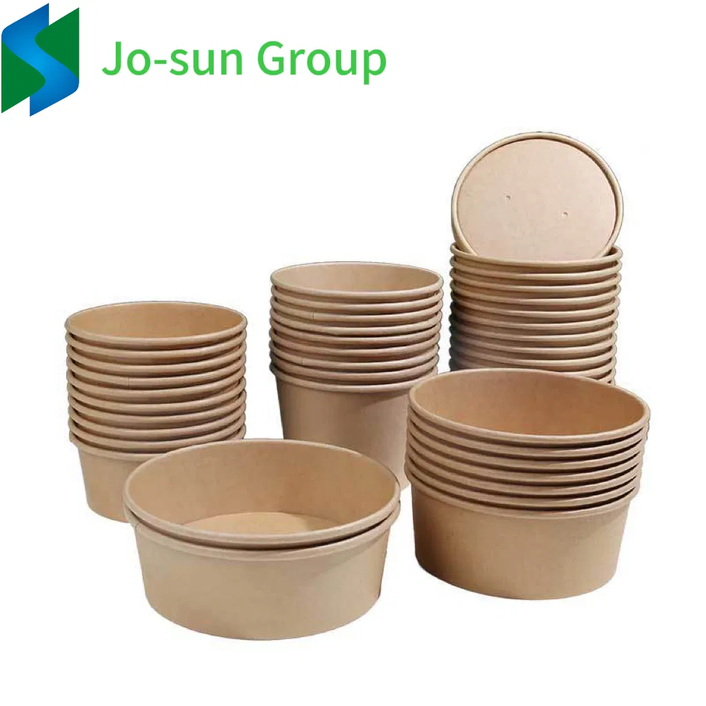 Jo-Sun Brown with Lid Round Disposable Rice Food Container Kraft Paper Noodle Bowl for Take out
