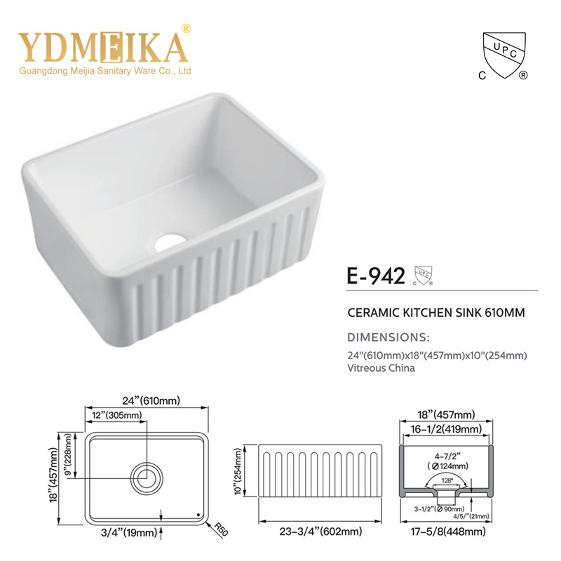 Hot Selling 24 Inch Farmhouse Ceramic Sink Single Bowl White Apron Front Kitchen Ceramic Kitchen Sink