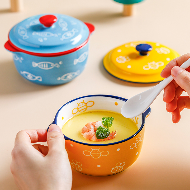 Children Tableware Hand Painted Small Stew Pot Ceramic Binaural Baking Soup Bowl