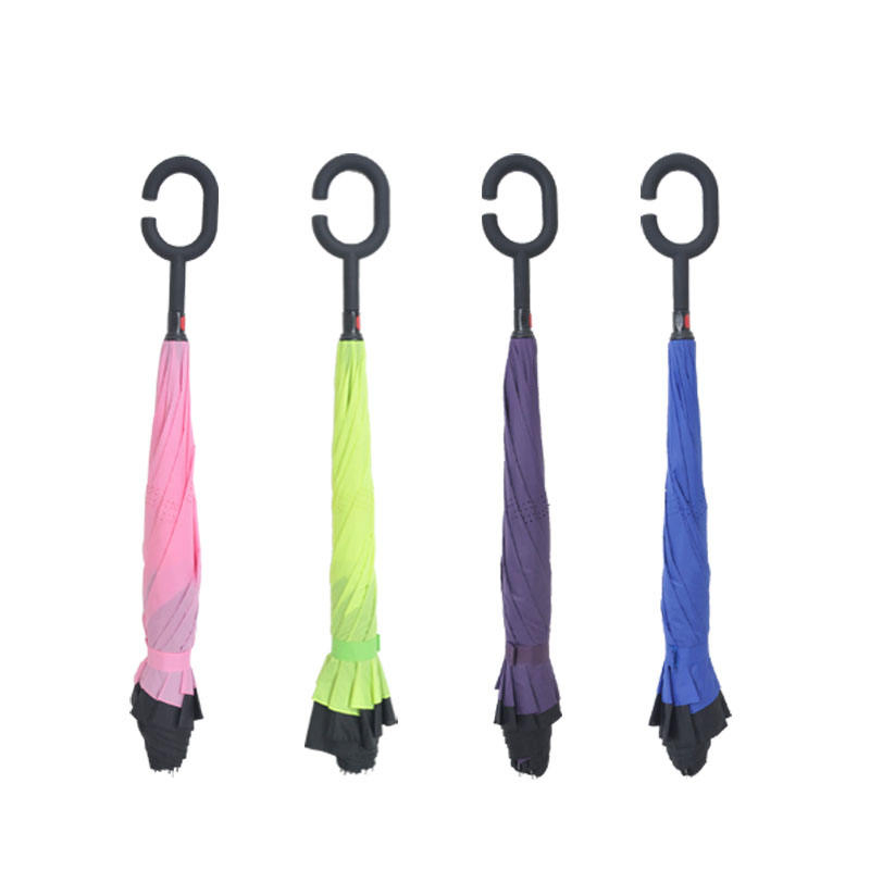 Customized Double Layer Windproof Inside out C Shape Handle Inverted Reverse Umbrella