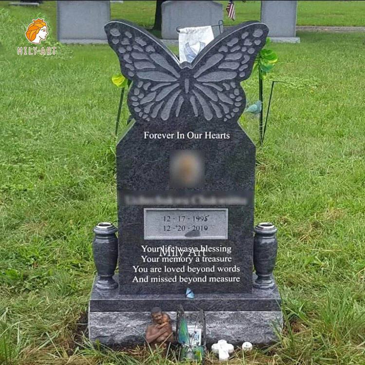 Custom Natural Stone Hand Carved Butterfly Granite Black Graves Headstone