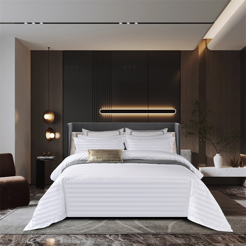 Hotel Striped Comforter Quilt Duvet Cover Bed Sheets King Brushed Microfiber Polyester 4 Pieces White Bedding Set with 1 Fitted/Flat Sheet Double Pillowcases