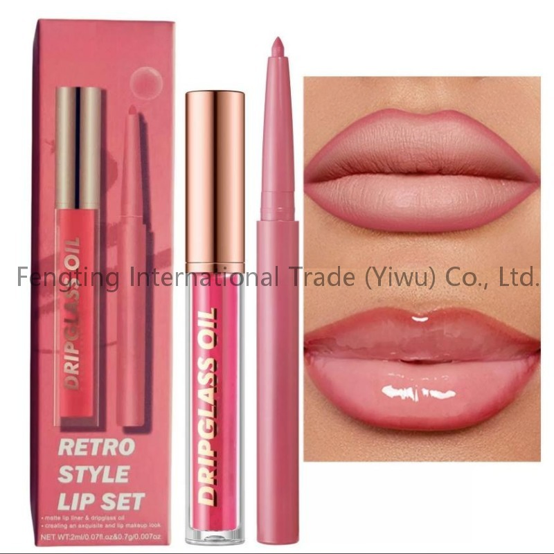 Acceptable Logo High Quality 2-Piece Long-Lasting Non Fading Waterproof Non Stick Cup Fading Lip Liner Pencil Lip Gloss Set