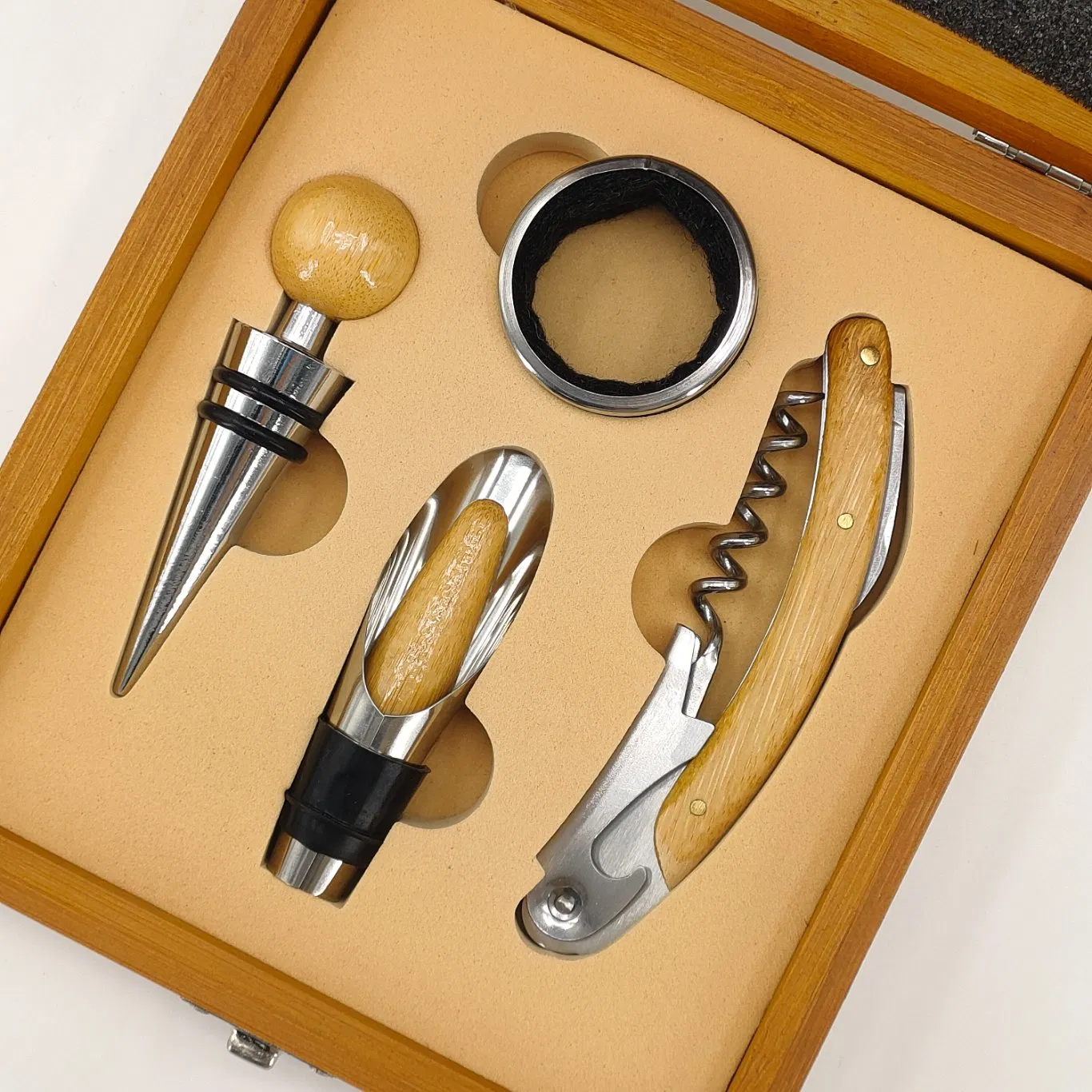 4PCS Wine Bottle Opener with Bamboo Box for Christmas Gift