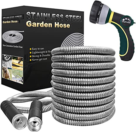 Flexible Metal Garden Hose Upgrade Leak and Fray Resistant Design Stainless Steel Water Hose with Solid Fittings and Sprayer Nozzle