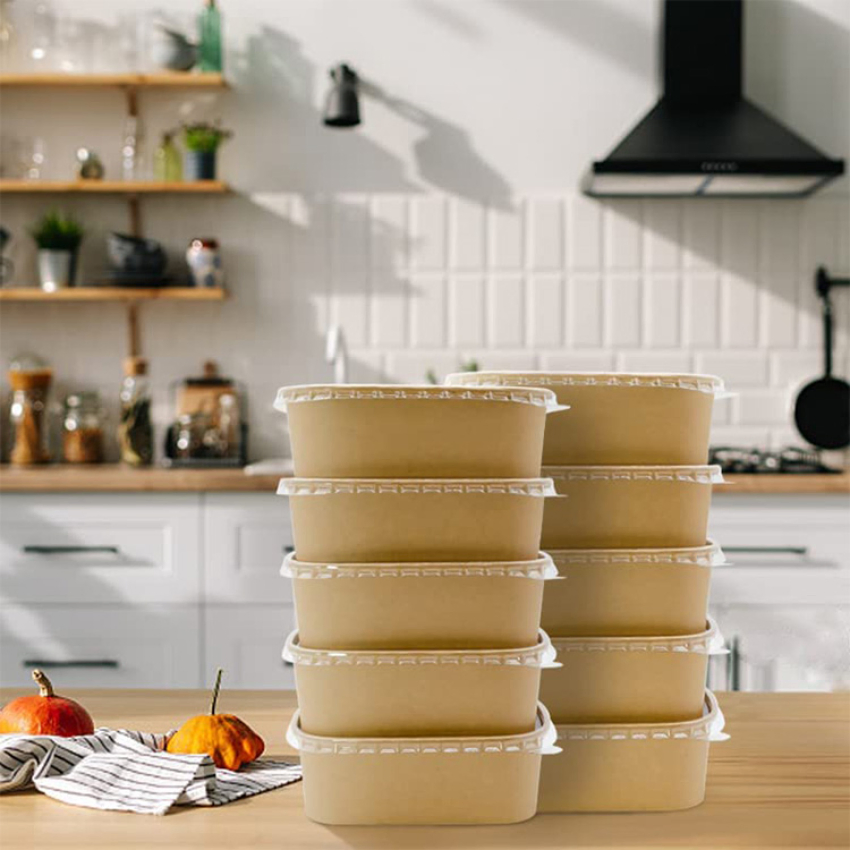 Disposable Fast Food Takeaway Leakproof Rectangle Kraft Paper Bowl with Lid