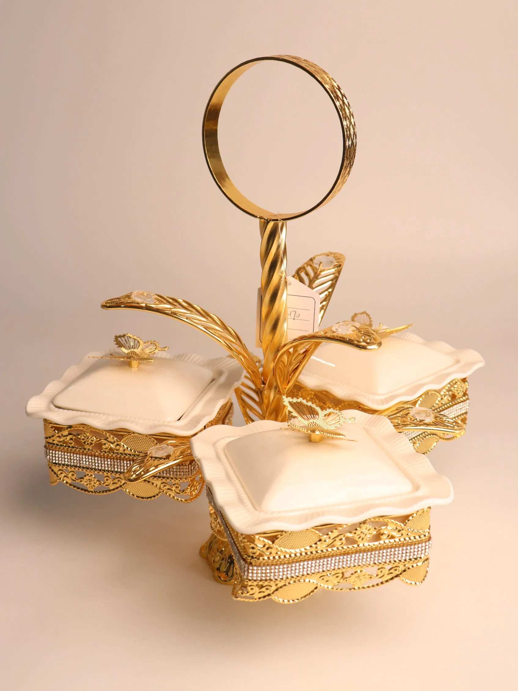 New High-End Gold-Plated Iron Strip with 3 Square Ceramic Bowls