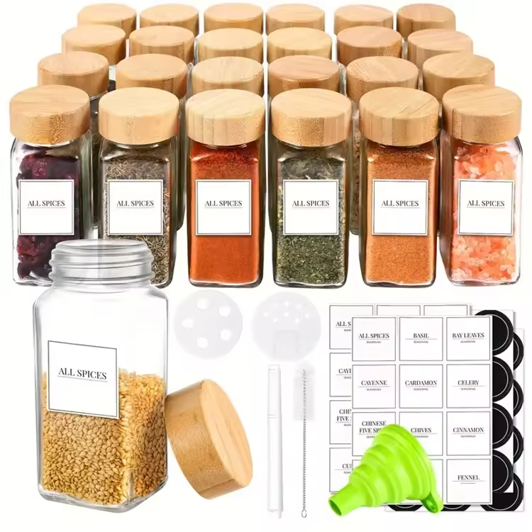 4 Oz 120ml Clear Glass Empty Square Spice Jars Herb Containers Seasoning Bottles with Bamboo Wooden Lids and Top Label