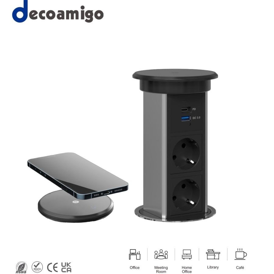 Decoamigo Us/UK/EU /Au Universal Power Outlet Motorized Pop-up Socket Desktop Socket Kitchen Smart Plug with Speaker Wireless Charging