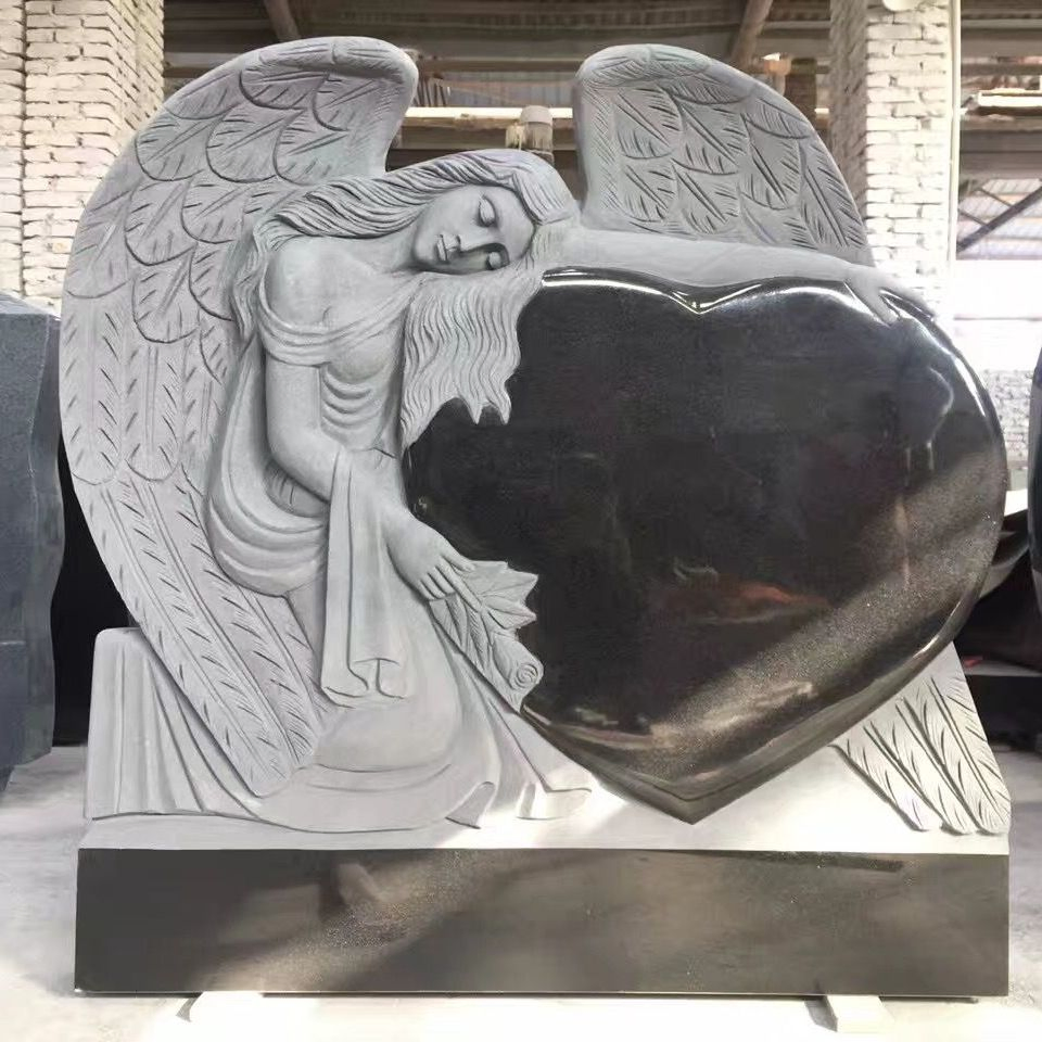 Customized Absolute Black Granite Angel Carving Tombstone Headstone Columnbarium, Slant Beveled Shape Markers Hand Carving, Machine Carving Memorial Monument