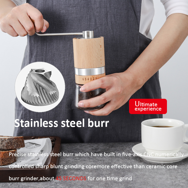 Beech Wood with Adjustable Setting Espresso Dry Grain Whole Beans Conical Manual Burr Grinder for Pour Over