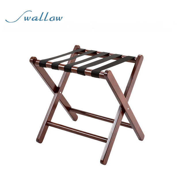 Folding Luggage Rack Made of Wood with Wand and Black Nylon Strap