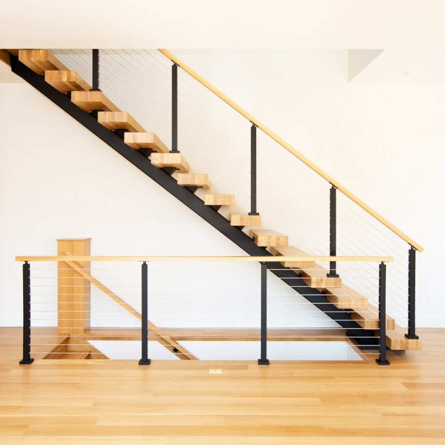 Customized U-Shaped Glass Wood Stairs Design Indoor Mono Stringer Staircase
