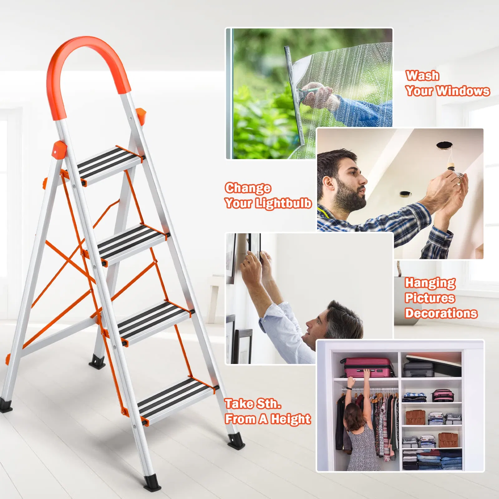 China Supplier 4 Step Ladder Folding Step Stool Stepladders with Anti-Slip and Wide Pedal for Home Kitchen Space Saving