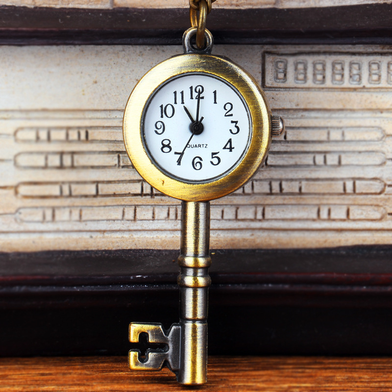 Fashion Vintage Quartz Pocket Watch Alloy Key Shape Women Lady Girls Sweater Chain Necklace Pendant Clock Gifts