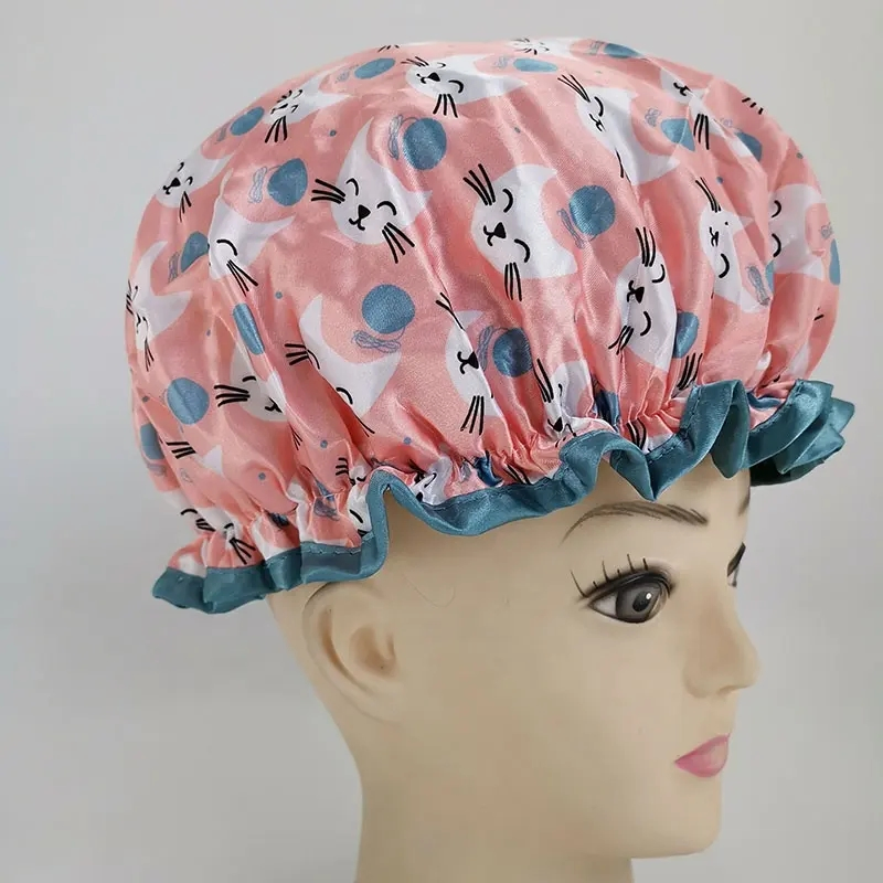 White Cats Luxury Flower Printing Satin Shower Caps Custom Logo Available