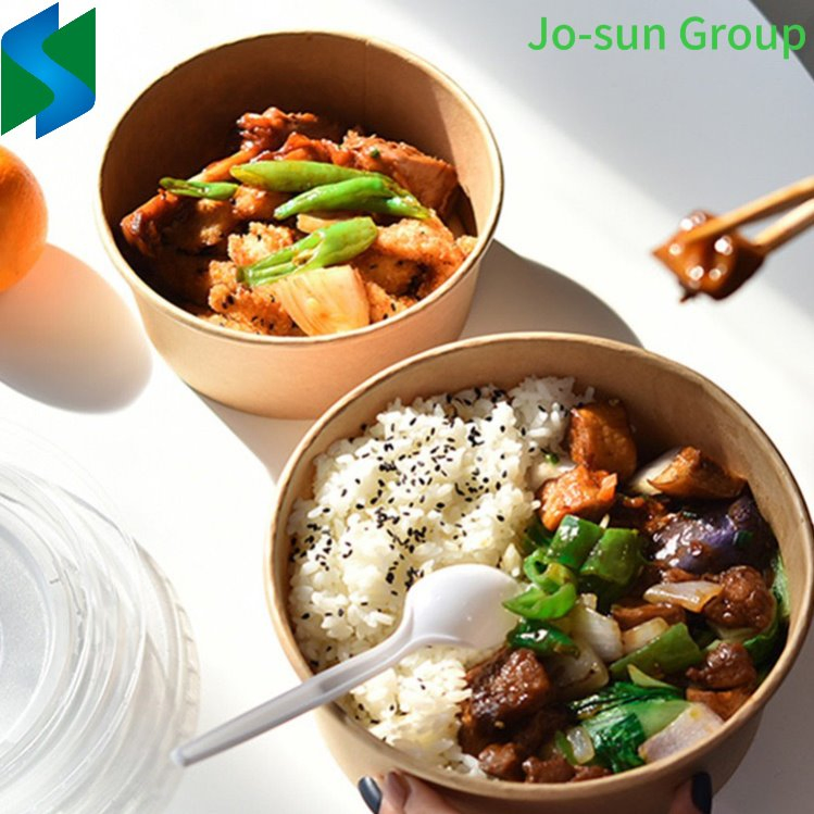 Jo-Sun Hot Selling with Takeout Take Way Kraft Salad Away Pack Cup Bucket Lid Round Soup Packing Paper Bowl