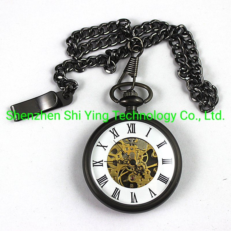 Custom Logo Gold Skeleton Mechanical Gift Pocket Watch with Chain (42mm)