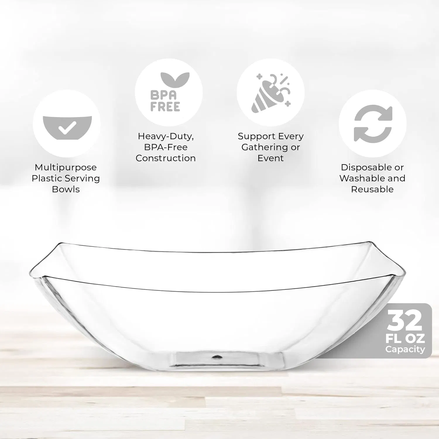 Disposable Plastic Crystal Clear 32ounce Square Serving Bowls Party Snack or Salad Bowls