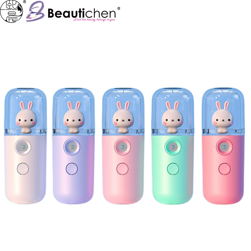 Beautichen Portable Bunny Facial Steamer – Handheld Nano Mist Sprayer with Cute Rabbit Doll & Transparent Lid, USB Rechargeable Face Hydration Humidifier