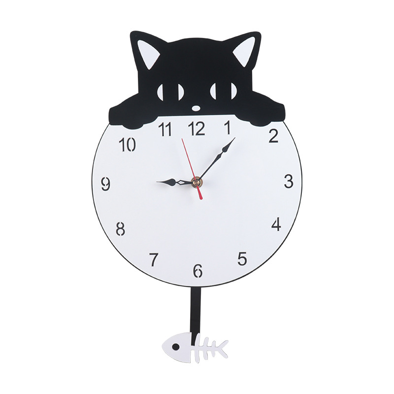 Creative Home Living Room Wall Watch Cartoon Cat Fish Swing Quartz Clock