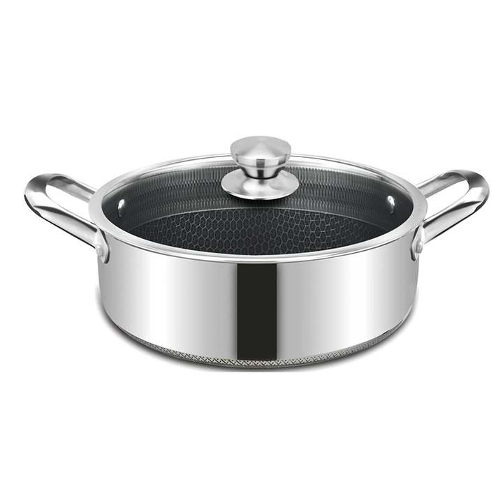 Wholesale Cheapest 304+Aluminum+430 Inside&Outside Etching with Nonstick Tri-Ply Ss Shallow Casserole