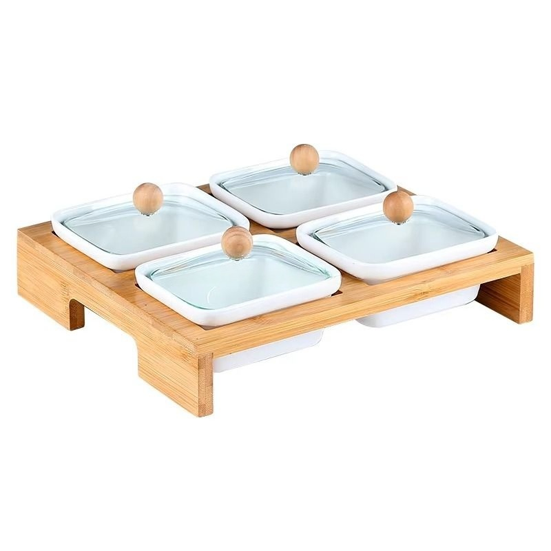 White Ceramic Snack Dishes Presented on Bamboo Board Serving Platter Tray with 6 Ceramic Snack Nibbles Bowls